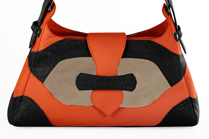 Dress handbag in satin black, tan beige and clementine orange leather - Profile view